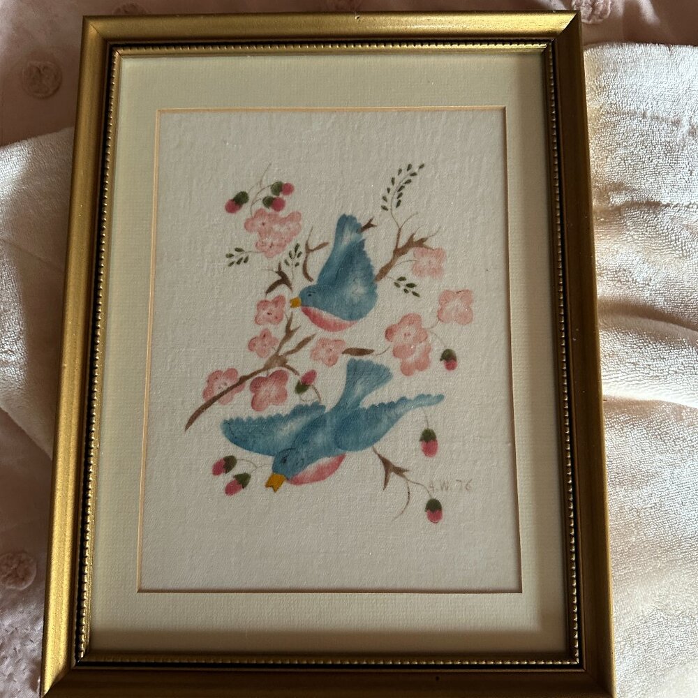 Bluebirds Watercolor Original Painting Artist Signed A.W. 76 VTG Gallery Framed